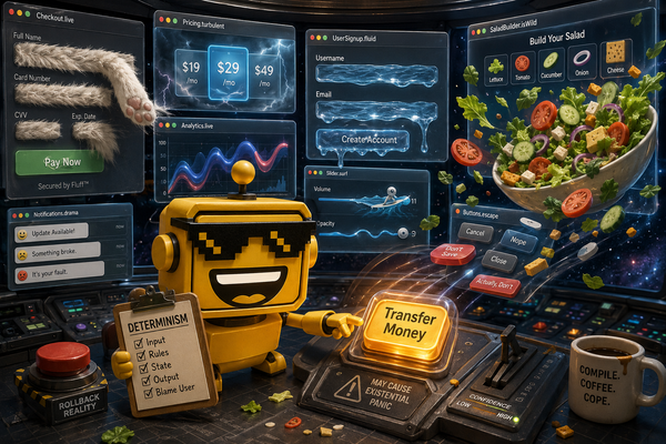 The SiliconSnark robot inspects a generated interface where buttons and app windows transform unpredictably.