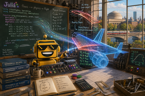 SiliconSnark robot guides Julia code into an aircraft model in an MIT engineering lab.