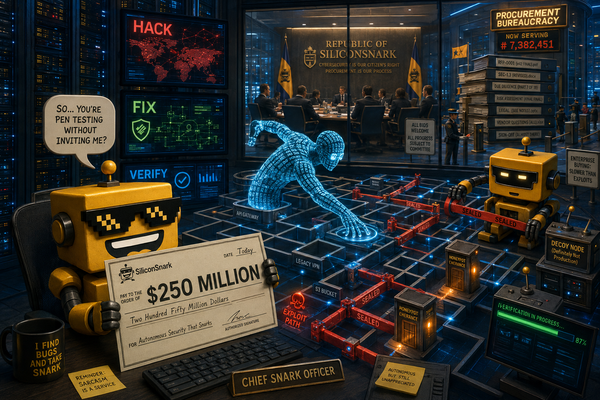 SiliconSnark robot watches AI hackers and defenders battle across an enterprise security console.