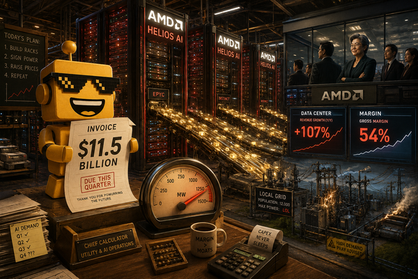 SiliconSnark robot studies an enormous AMD AI data center invoice beside glowing server racks.