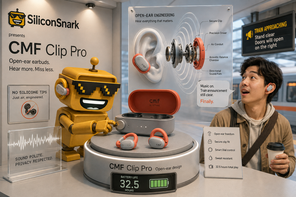  SiliconSnark robot tests CMF Clip Pro open-ear earbuds beside a charging case with a Smart Dial.