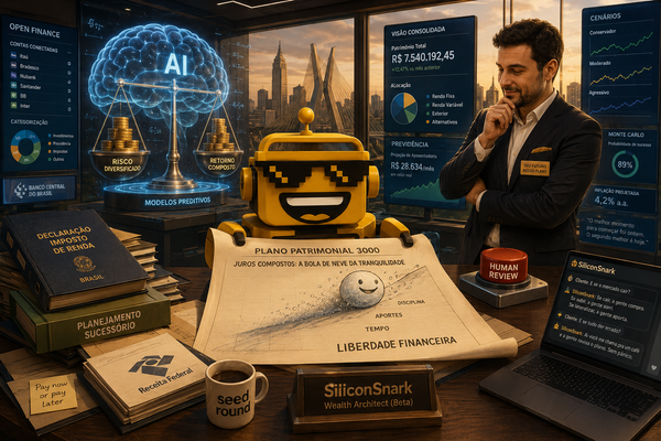 SiliconSnark robot reviews an AI wealth plan beside a human adviser in a Brazilian fintech control room.