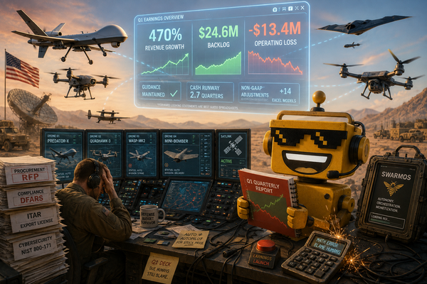 SiliconSnark robot watches autonomous drones coordinate over a military test range beside a worried earnings dashboard.