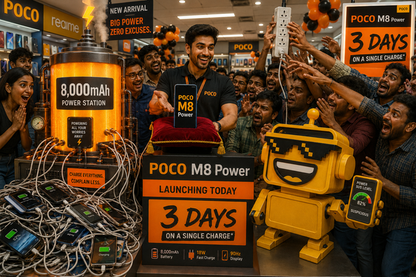 SiliconSnark robot inspects a POCO phone with a giant battery display in a crowded electronics shop.
