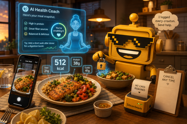 SiliconSnark robot watches a phone scan dinner while an encrypted health dashboard glows in a kitchen.