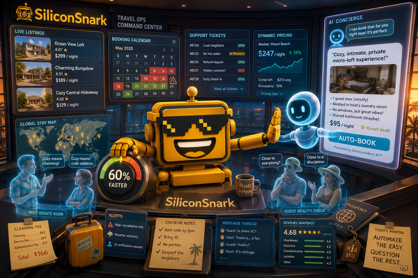 SiliconSnark robot manages an AI travel search dashboard while rejecting an automatic booking.