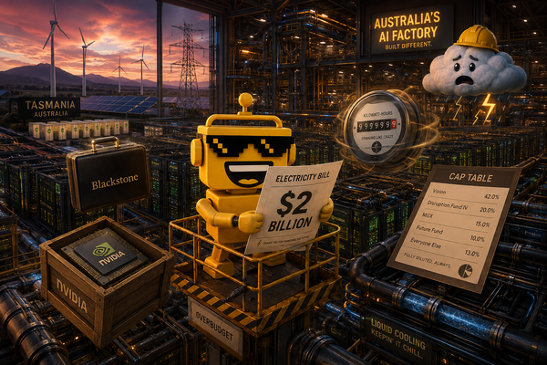 SiliconSnark robot holds a giant $2 billion electricity bill inside an Australian AI factory.