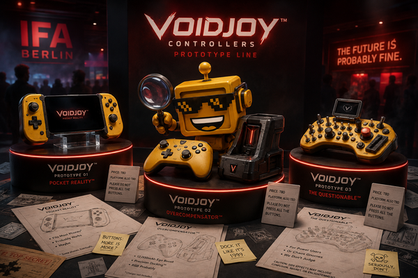 SiliconSnark robot examines three teased Voidjoy gaming controllers at a surreal trade-show display.