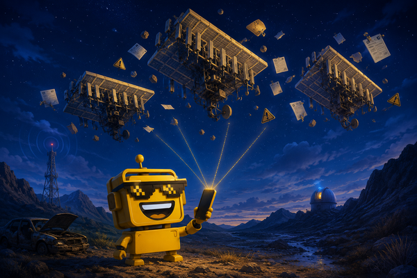SiliconSnark robot connects a phone to three giant satellites above a remote mountain road.