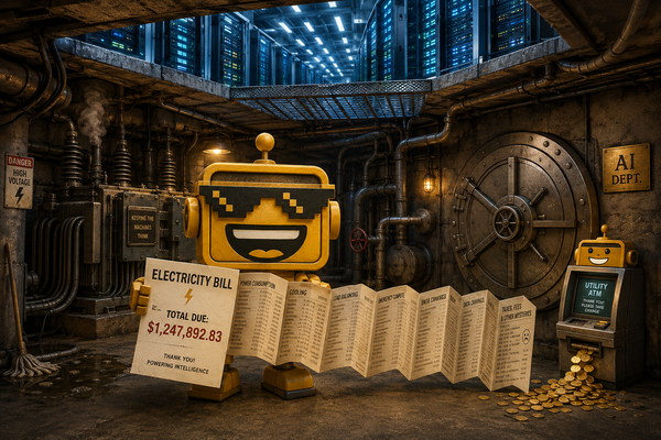 SiliconSnark robot reads a giant electricity bill in a data center basement full of transformers and a bank vault door.