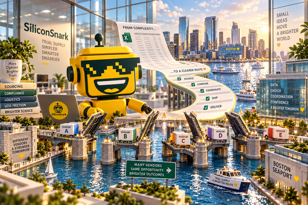 SiliconSnark robot routes clinical trial supply boxes across miniature bridges beside Boston Harbor.
