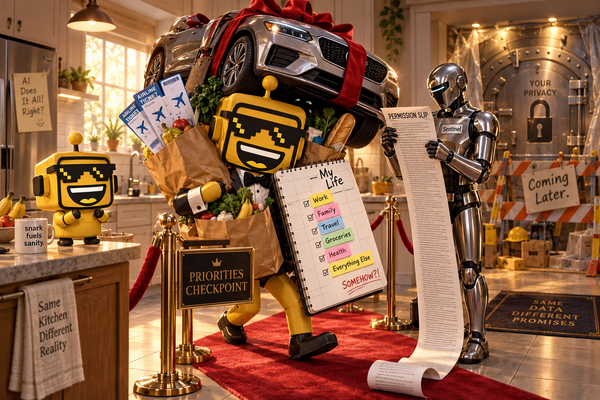  SiliconSnark robot carrying errands waits for a security robot’s approval as the yellow SiliconSnark mascot watches.