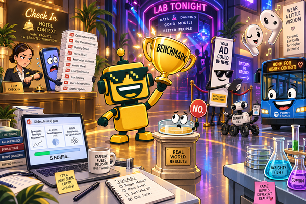 SiliconSnark robot offers a giant benchmark trophy to a petri dish holding up a "NO" paddle, while a banner ad checks a crawler's ID at a velvet rope.