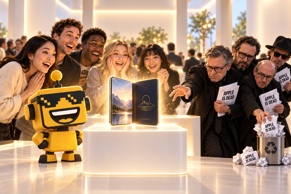 A folding phone lights up a showroom as pundits hide Apple obituaries and the yellow SiliconSnark robot grins.