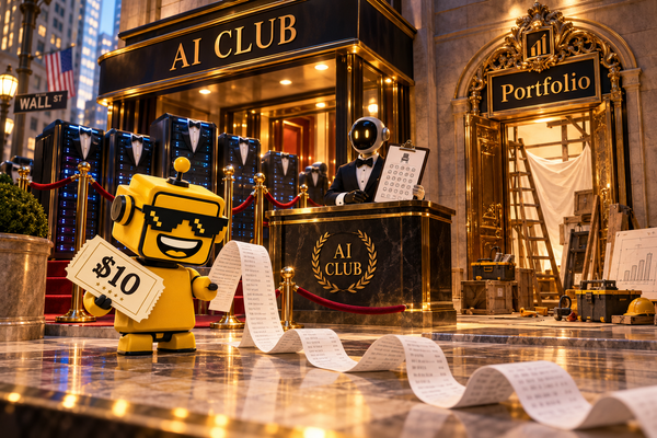  SiliconSnark robot inspects a long fee receipt at the velvet-rope entrance to a private AI investment club.