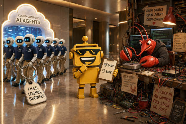 SiliconSnark robot compares polished Grok Bot agents with a cable-covered OpenClaw setup.