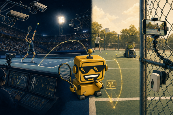 SiliconSnark robot inspects a digital line call between a sensor-filled US Open court and a phone-recorded public court.