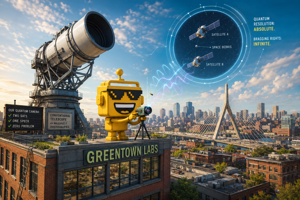 SiliconSnark robot aims a small quantum camera at satellites above the Boston skyline.