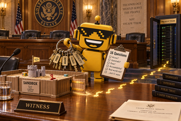 Siliconsnark robot inspects keys beside an open computer sandbox in a Senate committee room.