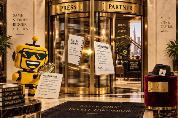  SiliconSnark robot watches a revolving door turn a reporter’s notebook into a venture-capital term sheet.