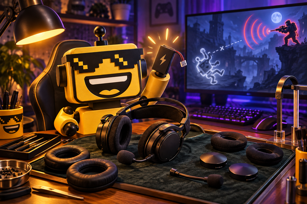 SiliconSnark robot holds a spare headset battery at a gaming desk covered with replacement parts.