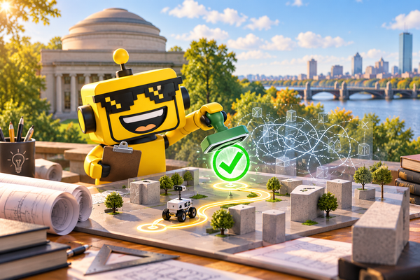 SiliconSnark robot checks a planned route around obstacles at a drafting table near MIT’s Great Dome.