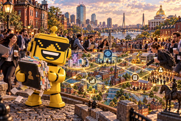 SiliconSnark robot surveys a map linking Boston startups, media outlets, operators, and venture firms.