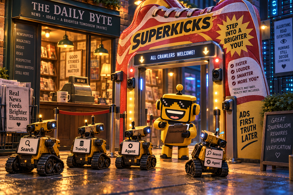 SiliconSnark robot checks AI crawler badges at an ad-shaped gate outside a digital newsstand.