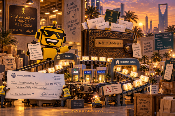 SiliconSnark robot directs payment envelopes through a giant wallet toward banks and homes abroad.