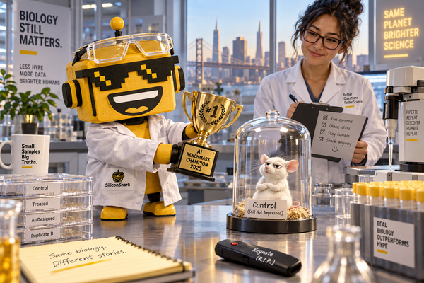 SiliconSnark robot offers an AI trophy to a lab sample while a scientist checks experimental results.