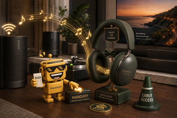 SiliconSnark’s robot moves music from Sonos speakers into Ace Ultra headphones beside a $449 receipt.