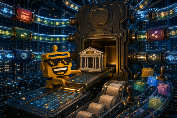 SiliconSnark robot installs a small bank inside a glowing payment-processing machine.
