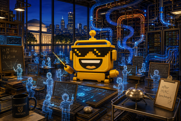 SiliconSnark robot directs virtual physicists optimizing a Cambridge AI data center.