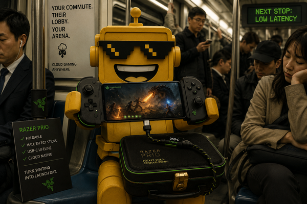 SiliconSnark robot unfolds a pocket-sized phone controller on a crowded train.