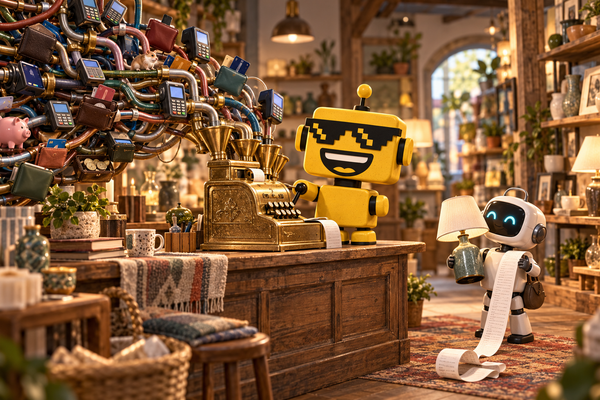  SiliconSnark robot organizes tangled payment pipes at a shop counter while an AI shopper holds a lamp and receipt.
