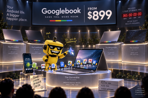 SiliconSnark’s mustard-yellow robot tests a Googlebook as Android apps move over from a phone.