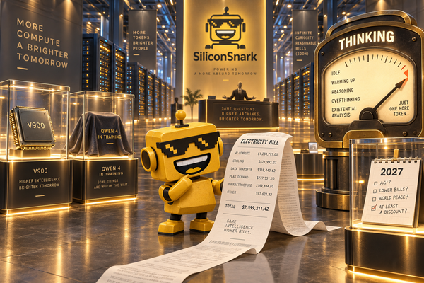 SiliconSnark robot examines a long bill beside a thinking meter and displays of Alibaba’s planned AI hardware.