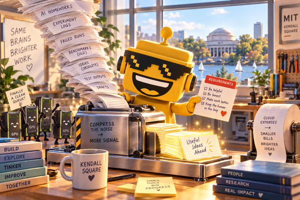 SiliconSnark robot compresses AI task notes beside GPU cabinets in a sunlit Cambridge workshop.