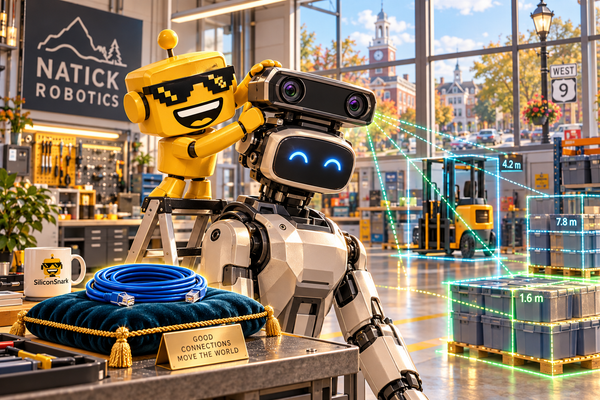 SiliconSnark robot fits a depth camera to a factory robot in a bright Natick workshop.