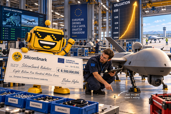 SiliconSnark robot holds an investment check beside a surveillance drone as a technician points to a missing screw.