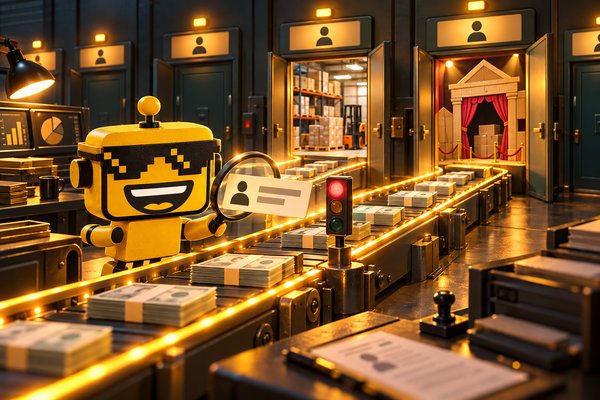 SiliconSnark robot checks recipient labels beside a conveyor carrying banknotes toward different doors.