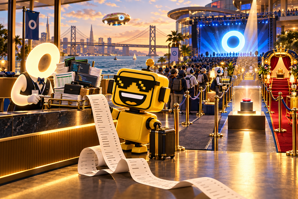 SiliconSnark robot at a premium AI check-in counter with a long receipt, an agent coworker, and velvet-rope access lanes.