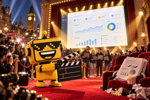 SiliconSnark robot directs a red-carpet movie premiere for a software dashboard as startup founders watch.