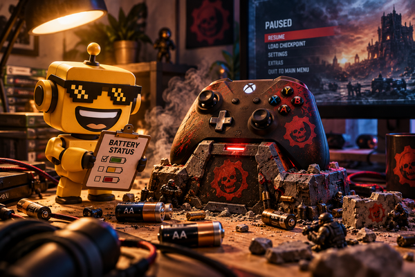 SiliconSnark robot inspects a battle-themed 8BitDo Xbox controller charging dock in a cluttered gaming office.