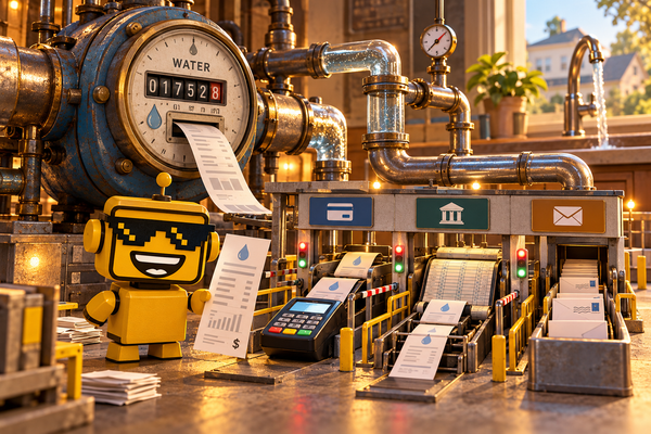 SiliconSnark robot beside a water meter connected to payment terminals, billing records and an envelope chute.