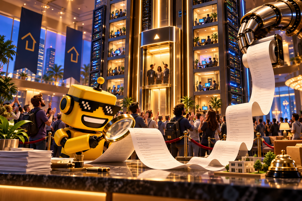 SiliconSnark’s yellow robot inspects an absurdly long lease at a luxury AI conference, as developers applaud a glowing server-tower elevator and a giant mechanical hand dispenses rent receipt