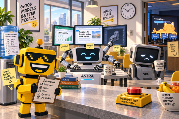 SiliconSnark robot holds a clipboard supervising a new AI workstation with mechanical hands while an older model turns its mug toward the wall.