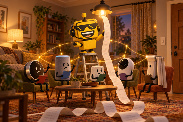SiliconSnark robot troubleshoots a ceiling light while connected home devices gather around a support desk.