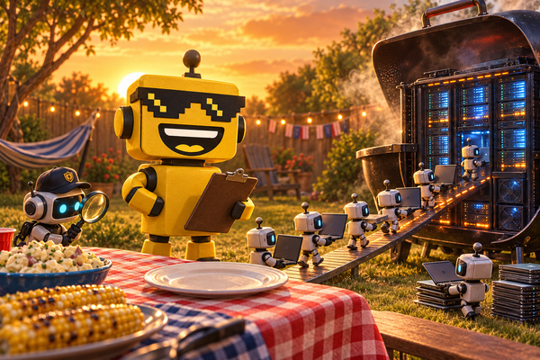 SiliconSnark's yellow robot supervises research bots beside a server-rack barbecue and an abandoned hammock.
