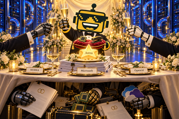 Three AI companies toast Astra over hidden contracts while SiliconSnark’s yellow robot holds a GPU and stapler.